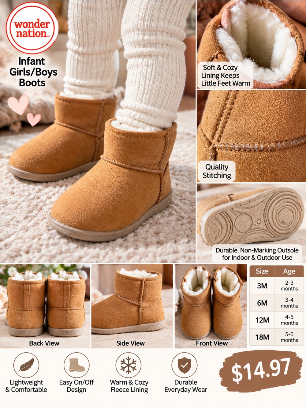 wonder nation Chestnut Infant Girls/Boys Boots - Tan Brown